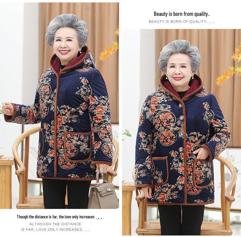 Women's Mid-Length Winter Jacket: Grandma Style, Fleece-Lined, Thickened Cotton for 60s-70s Cold Protection.