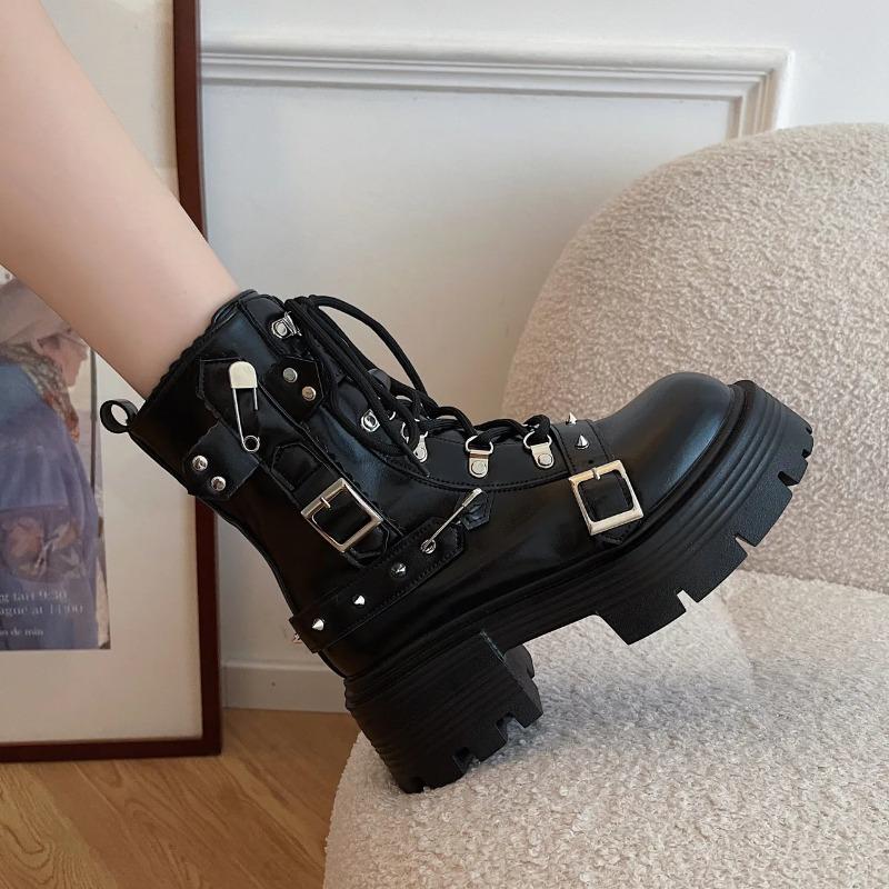 New Women's Rivet Chain Design Short Boots Gothic Shoes Street Fashion Lady Rock Boots Metal Decor Punk Style Women Shoes