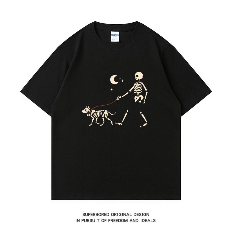 American Retro Creative Fun Dog-walking Print Short-sleeved Tshirt for Summer, Made of Pure, with Half Sleeves Breathable
