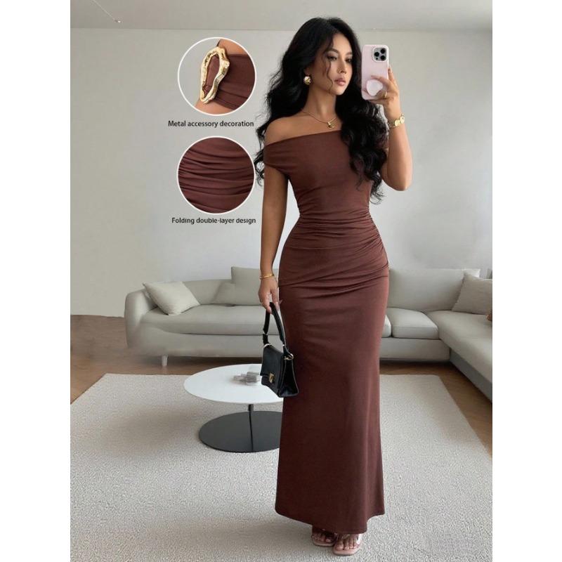 Women's Black Off Shoulder Ruched Bodycon Maxi Dress Elegant Long Formal Party Dress