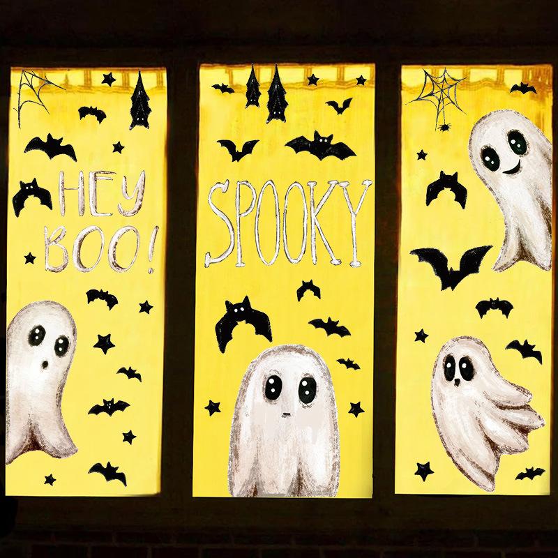 New Halloween Window Stickers with Cartoon Cute White Ghost Glass Window Decorations Featuring Static Cling Stickers Featuring Bats and Spiders