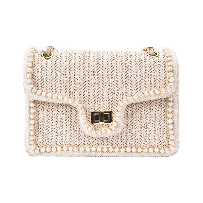 Female straw chain shoulder bag small square beach bag feminine crossbody pearl bag new fashion