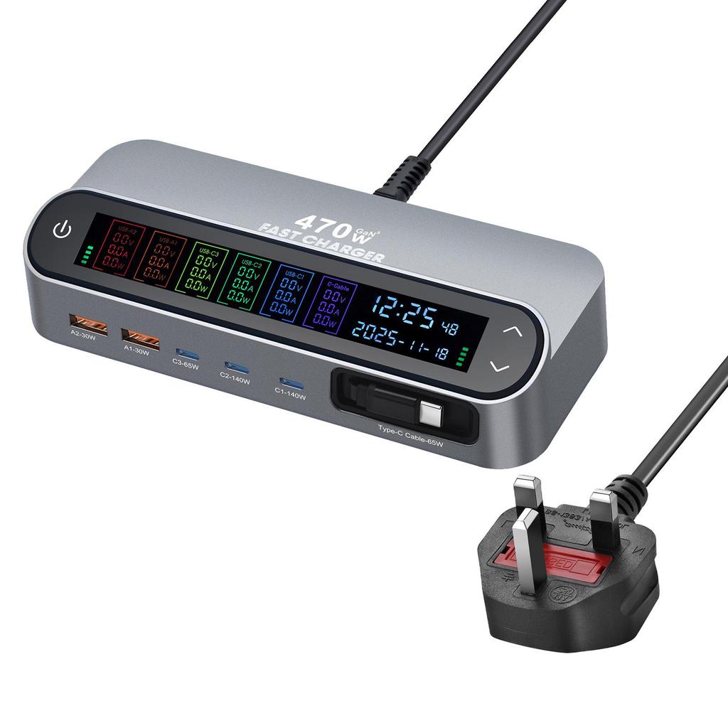New 470W GaN Retractable Cable Desktop Charger with 405W & 140W Digital Display Outputs