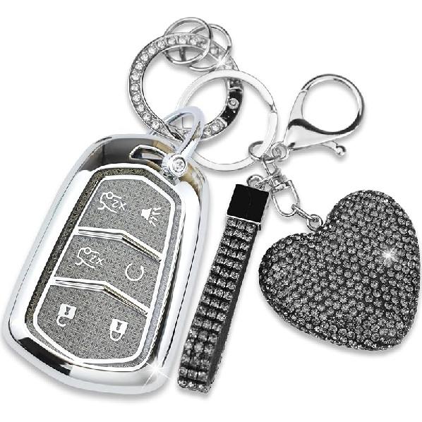 Compatible with Cadillac Key Fob Cover with Heart Keychain for Women, Compatible with 2015- Cadillac Escalade ESV ATS CTS STS SRX XT5 CT6 Smart