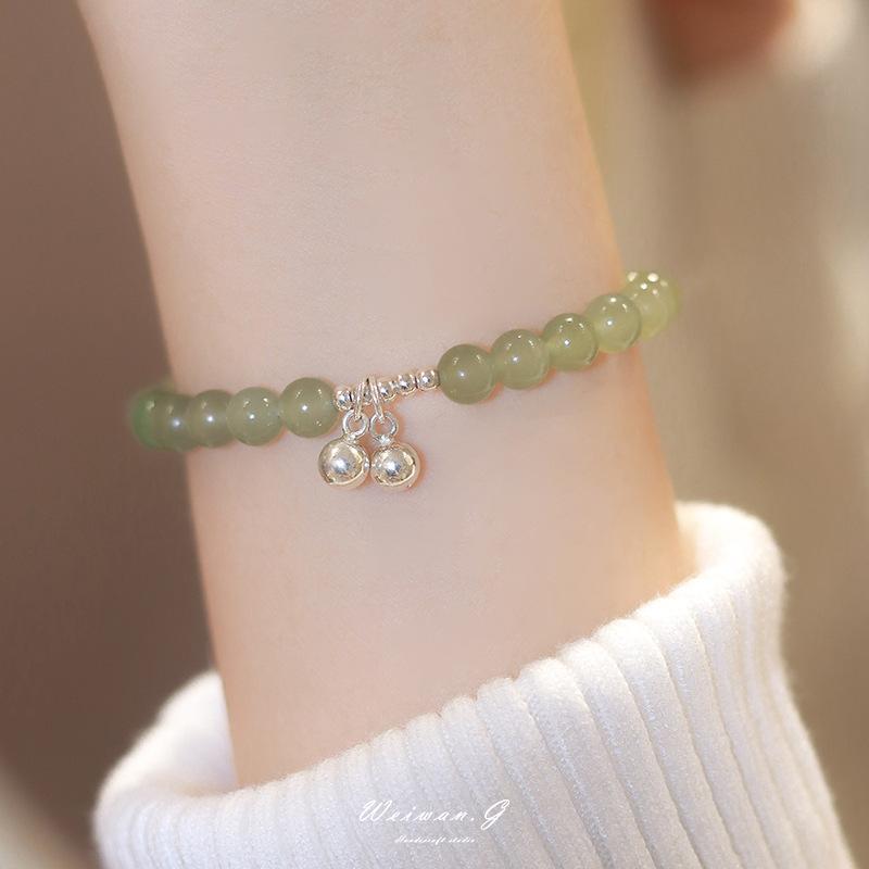 Natural Hetian Jade Bracelet with Fresh Style and Pure Silver Bells