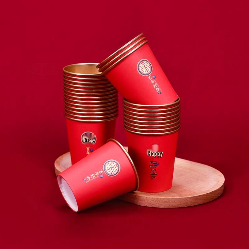 Disposable Gold Foil Wedding Tea Cups: Thickened Red Festive Collection
