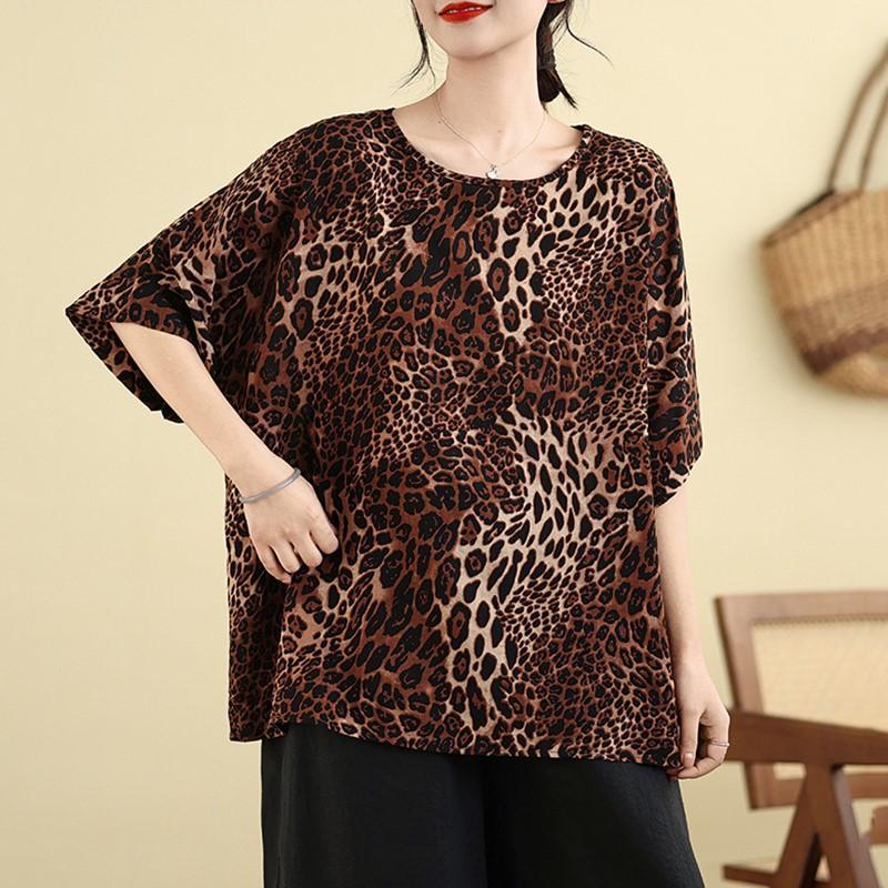 Short sleeve Oversized Cotton vintage leopard Casual loose t shirt tops Women summer t-shirt
