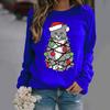 Women's Christmas Cat With Lights Printing O- Neck Long Sleeve T-Shirt Top