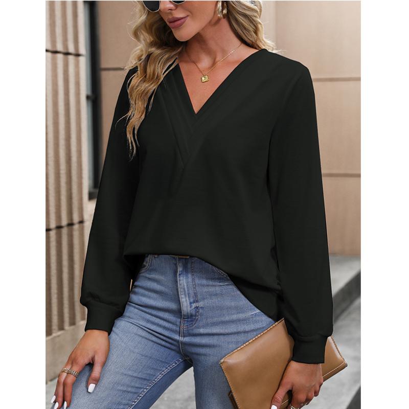 Spring and Autumn V-neck Loose White Shirt for Women Fashion Long Sleeve Solid Casual Blouse Women Elegant Simple Ladies Pullover Shirts Tops 24766