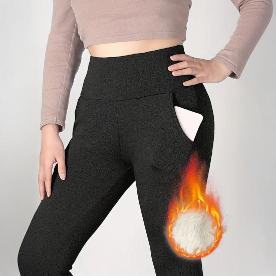 Women Leggings with Pockets Solid Color High Waist Plush Lining Thickened Warm Pants Tight Fit Cold Weather Leggings