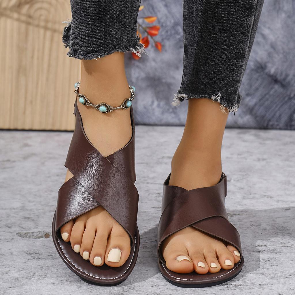 Summer Women's Cross Strap Retro Flat Bottom Wide Strap Beach Soft Bottom Sandals