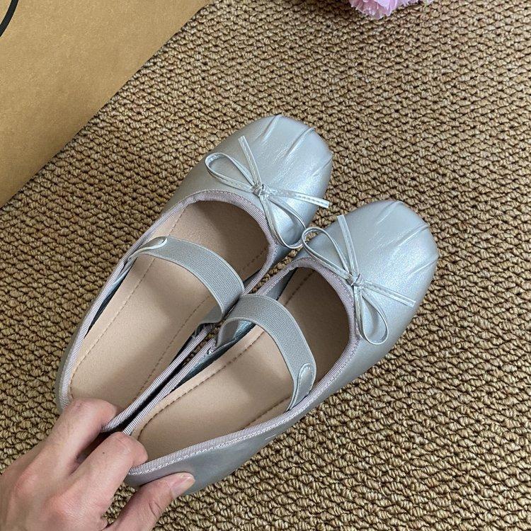 French ballet single shoes women's sweet bow red silk small leather shoes round head high heel Mary Jane single shoes women