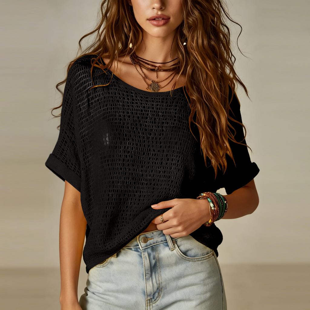 Women's Short-sleeved Knitted Top, Spring/summer Sweater, Openwork Beach Cover-up.