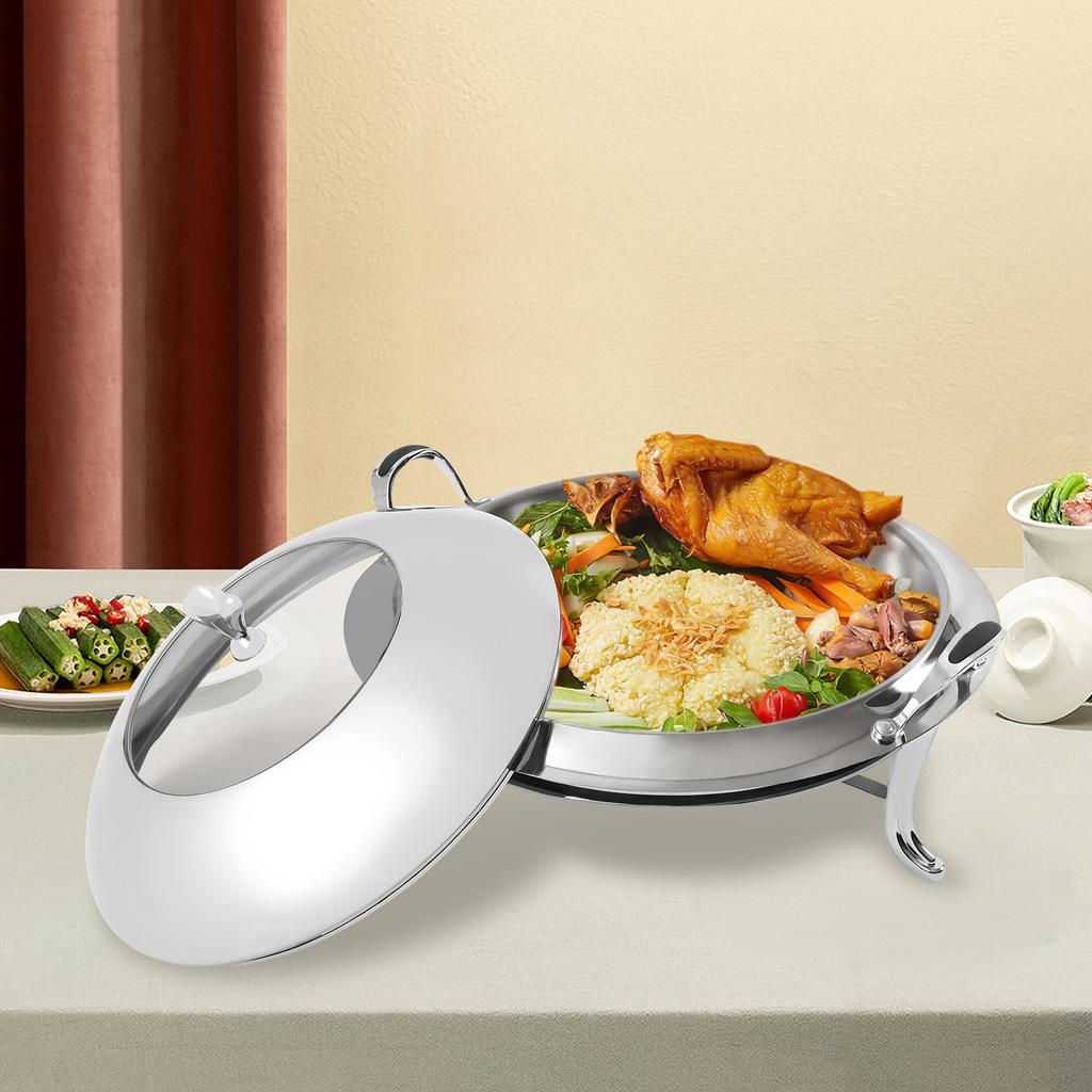 Chafing Dish, Runder Buffet-Wärmer aus Edelstahl, 38cm/14.96in Serviertablett, 3L/3.17Qt Fassungsvermögen, Wiederverwendbarer Brennstoffhalter mit Deckel