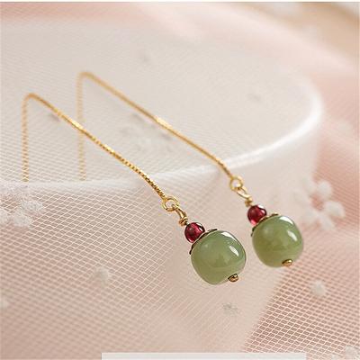 Catena in argento sterling 925 con giada di Hetian, linea dorata, orecchino lungo a goccia, linea orecchio femminile, granato rosso, perline, regalo di gioielli per l'amante matrimonio