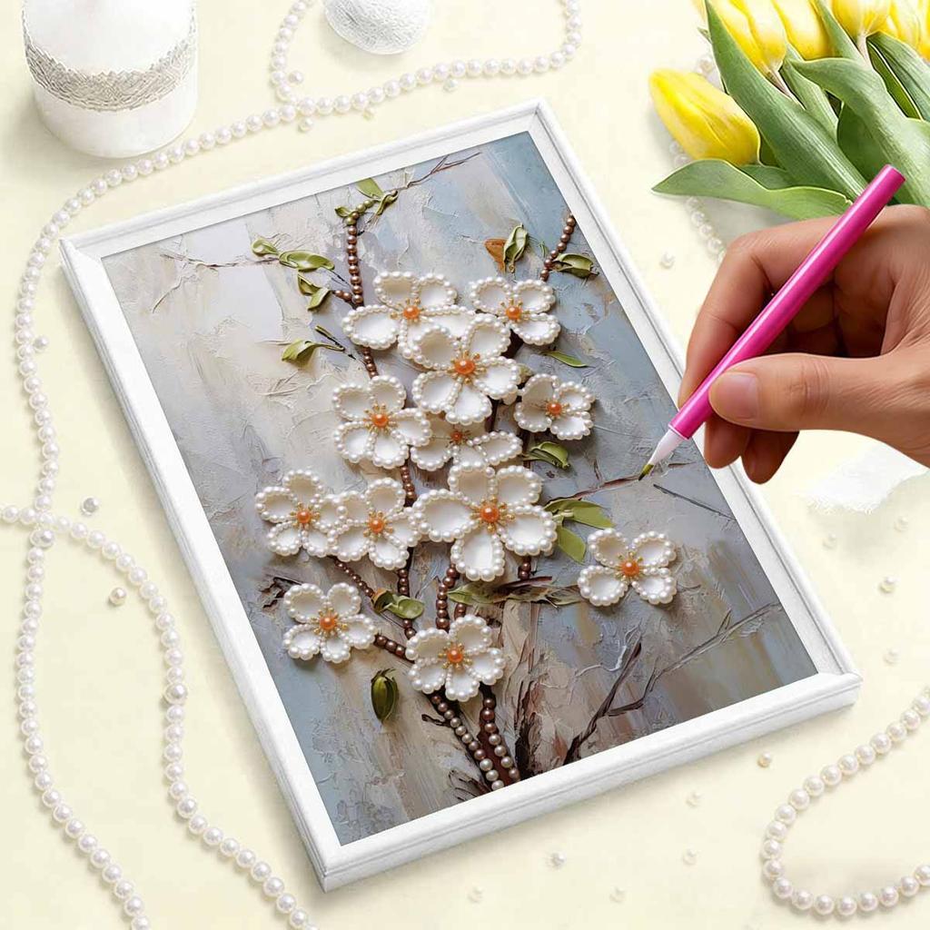 5D Frameless Pearl Painting White Flowers Diy Handmade Sticky Diamond Creative Canvas Art Painting Bedroom Decoration Living Room Hanging Painting