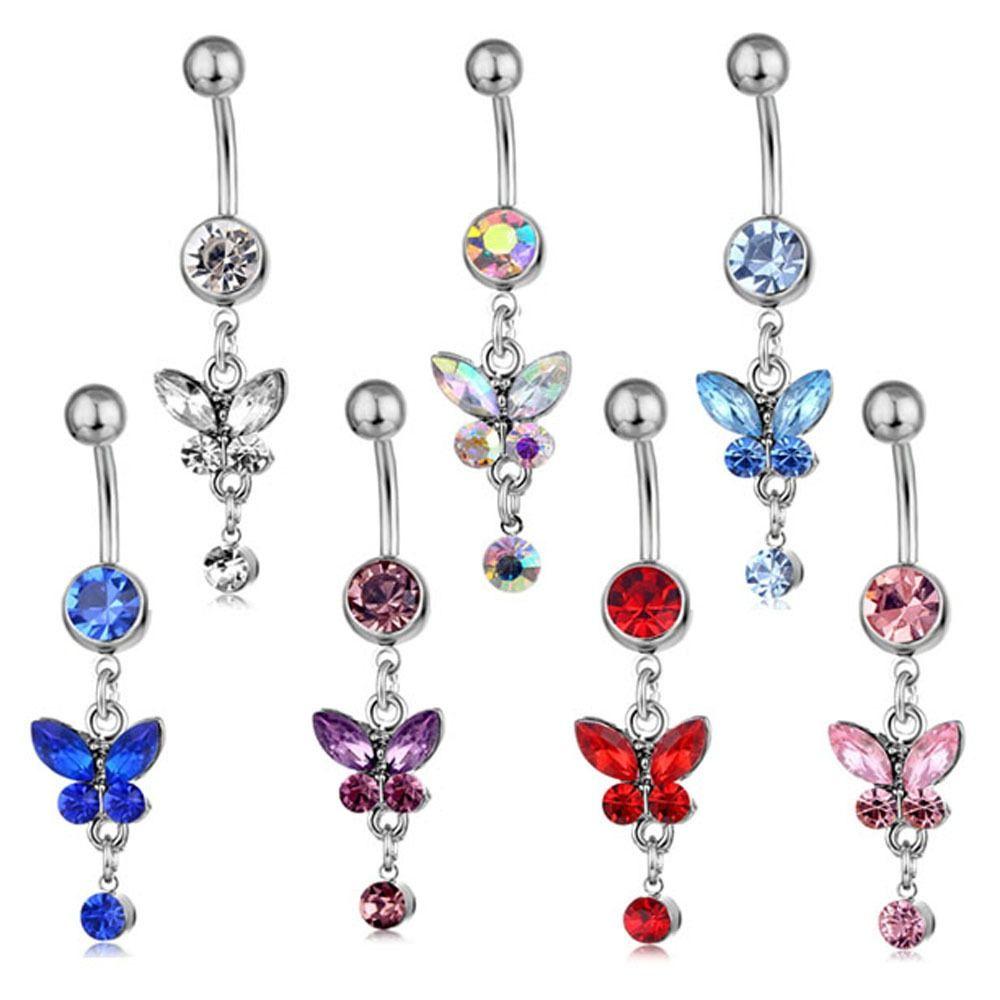 Stainless Steel Zircon Navel Ring Rhinestone Colorful Butterfly Pendants Belly Button Ring Hip Hop Piercing