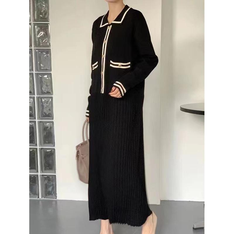 Korean Chic Retro Lapel Contrasting Knitted Dress Women's Edged Elegant Small Fragrant Pleated Loose Long Skirt