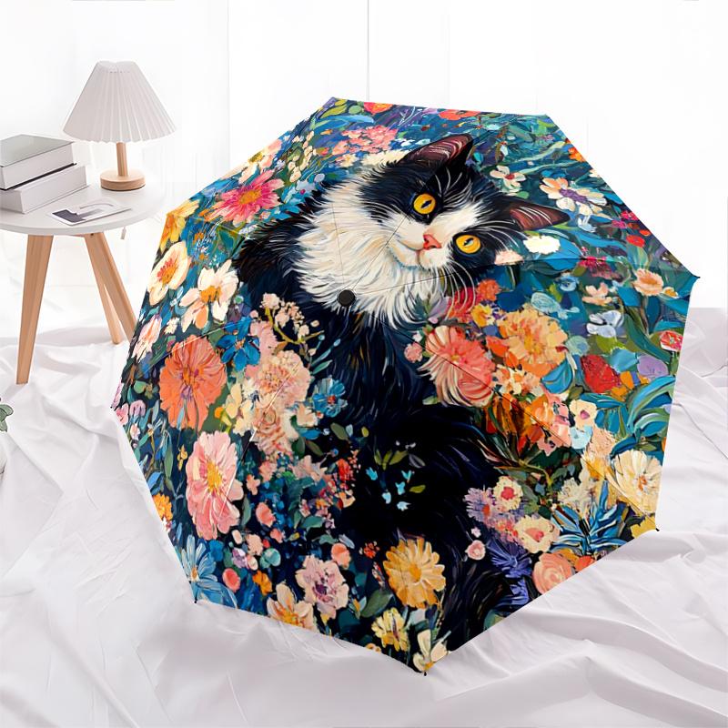 

1pc Colorful Garden Cat Pattern Beautiful Looking Automatic Folding Cartoon Practical Umbrella, 3 Folding, 8 Iron Frame Design, Durable and Suitable f