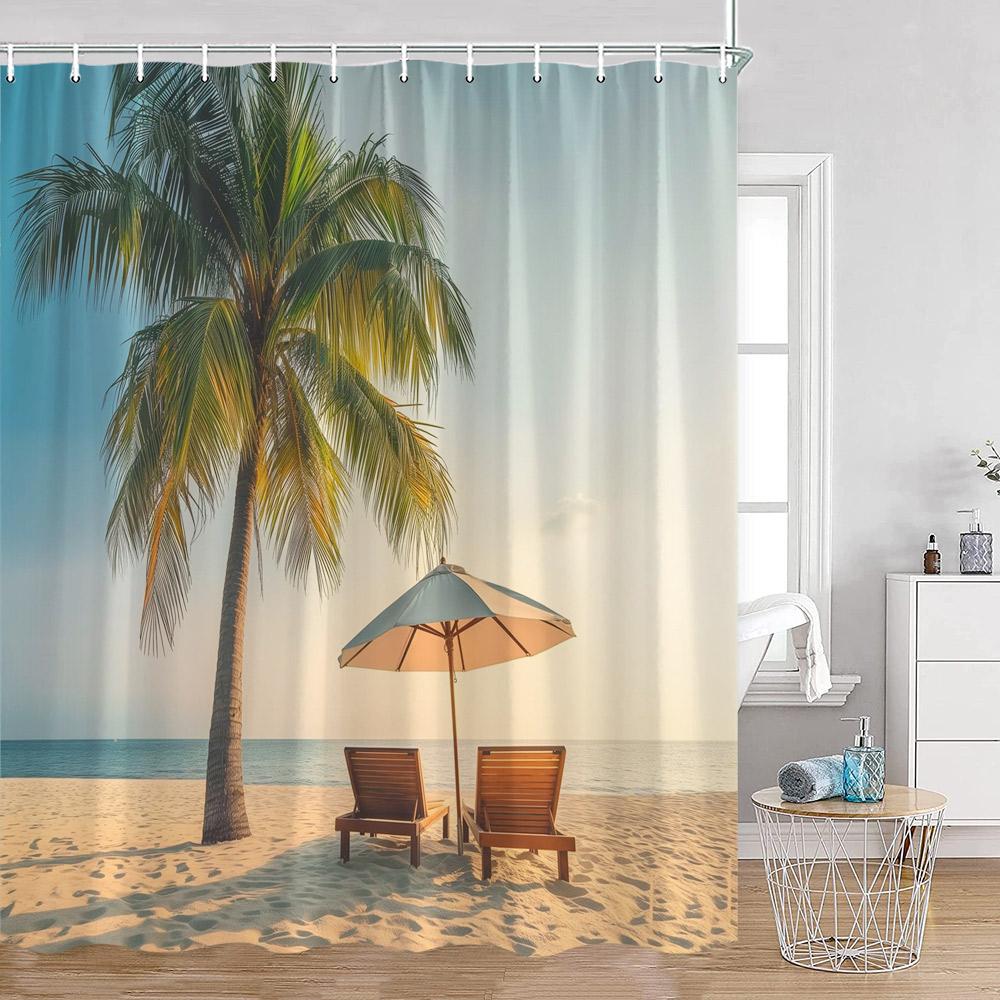 

Кемпинг Серфинг Занавески для душа Летний отпуск Путешественник Автодом Пляж Кокосовые пальмы Морской берег Украшения для ванной комнаты Ретро Занавески для ванны 90x180cm-35x70in