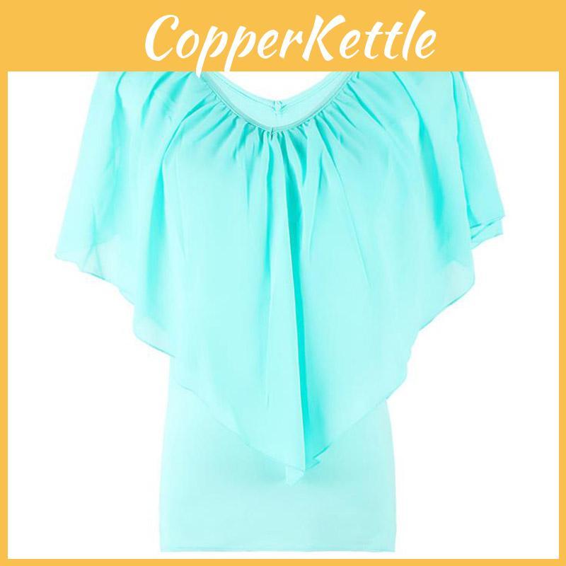 Elegant Womens V Neck Tunic Chiffon Top T-shirt With Short Sleeves And Loose Fit