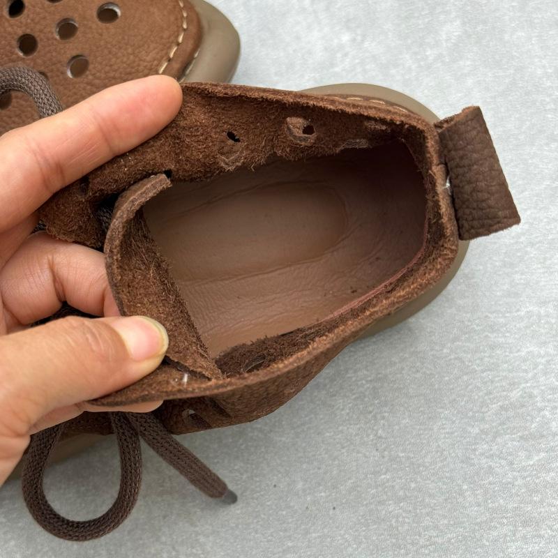 Retro Handmade Genuine Leather Cutout Flat Boots with Round Toe and Lace-up Design for Summer