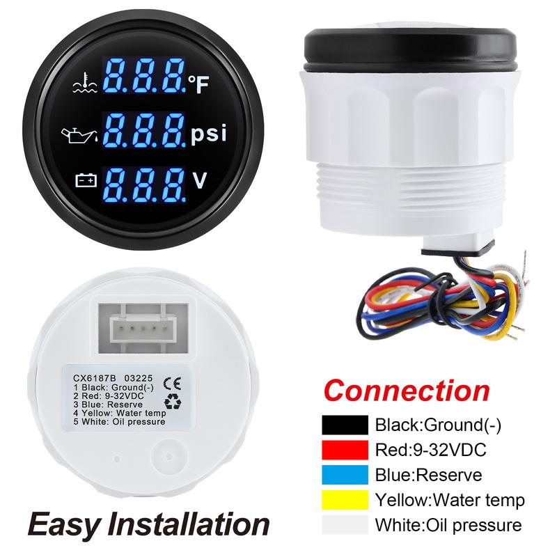 52MM 3 IN 1 Digital Gauge Water Temperature ℃/℉Oil Pressure Bar/PSI Voltmeter For Car Boat 12V/24V With Blue Backlight