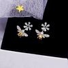 Silver Plated CZ Bee & Flower Convertible Stud Earrings, Sparkling Yellow Bee & Daisy Double-Sided Earrings for Women