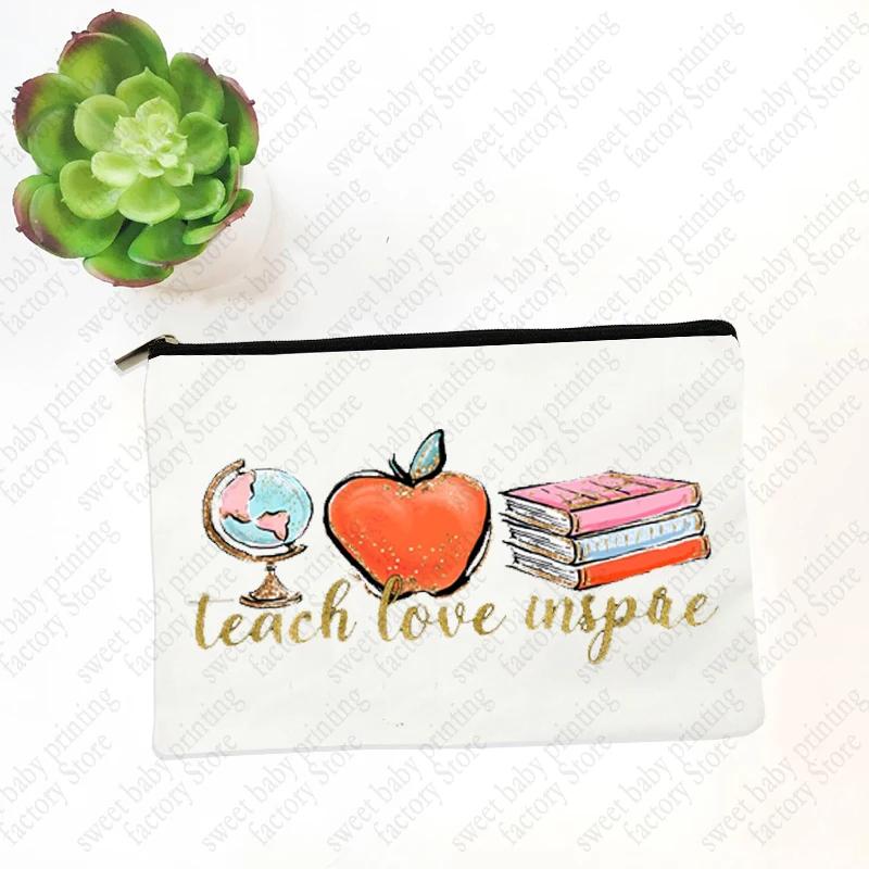 Teach Love Inspire Teacher Makeup Cosmetic Bags  Back To School Gift Beauty Cases Pencil Pouch Organizer Storage Box Mini Purse