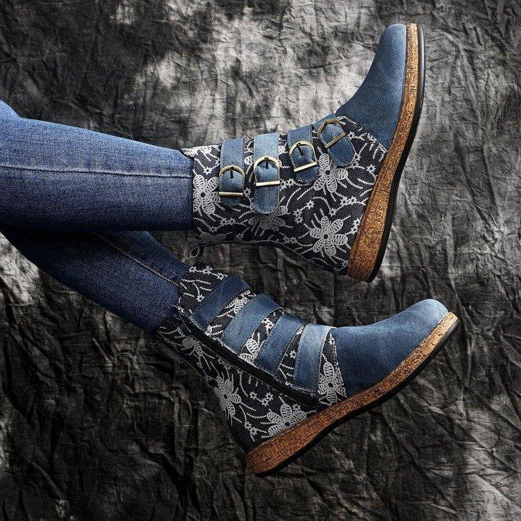Large size printed metal buckle fashion boots autumn and winter new thick-soled round head going out women's boots