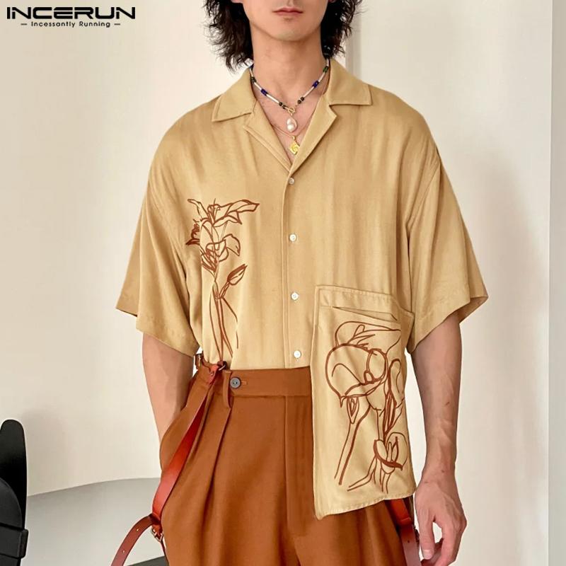 INCERUN Oversized Men Lapel Neck Short Sleeve Buttons Print Casual Shirts