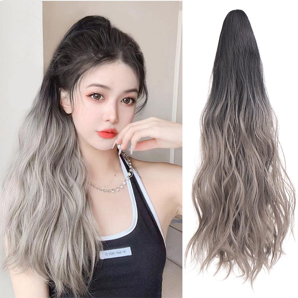 Extension de Cheveux Synthétiques Longs Lisses à Pince Queue de Cheval 22 Pouces Noir Mèches Bleues Grises Postiche Queue de Cheval Perruque Pour Femmes