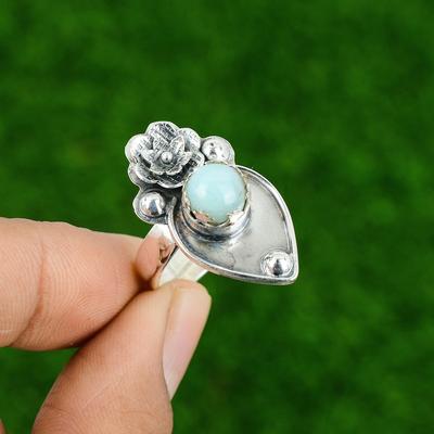 Gift For Women Multi Stone Flower Adjustable Ring 925 Silver Natural Larimar