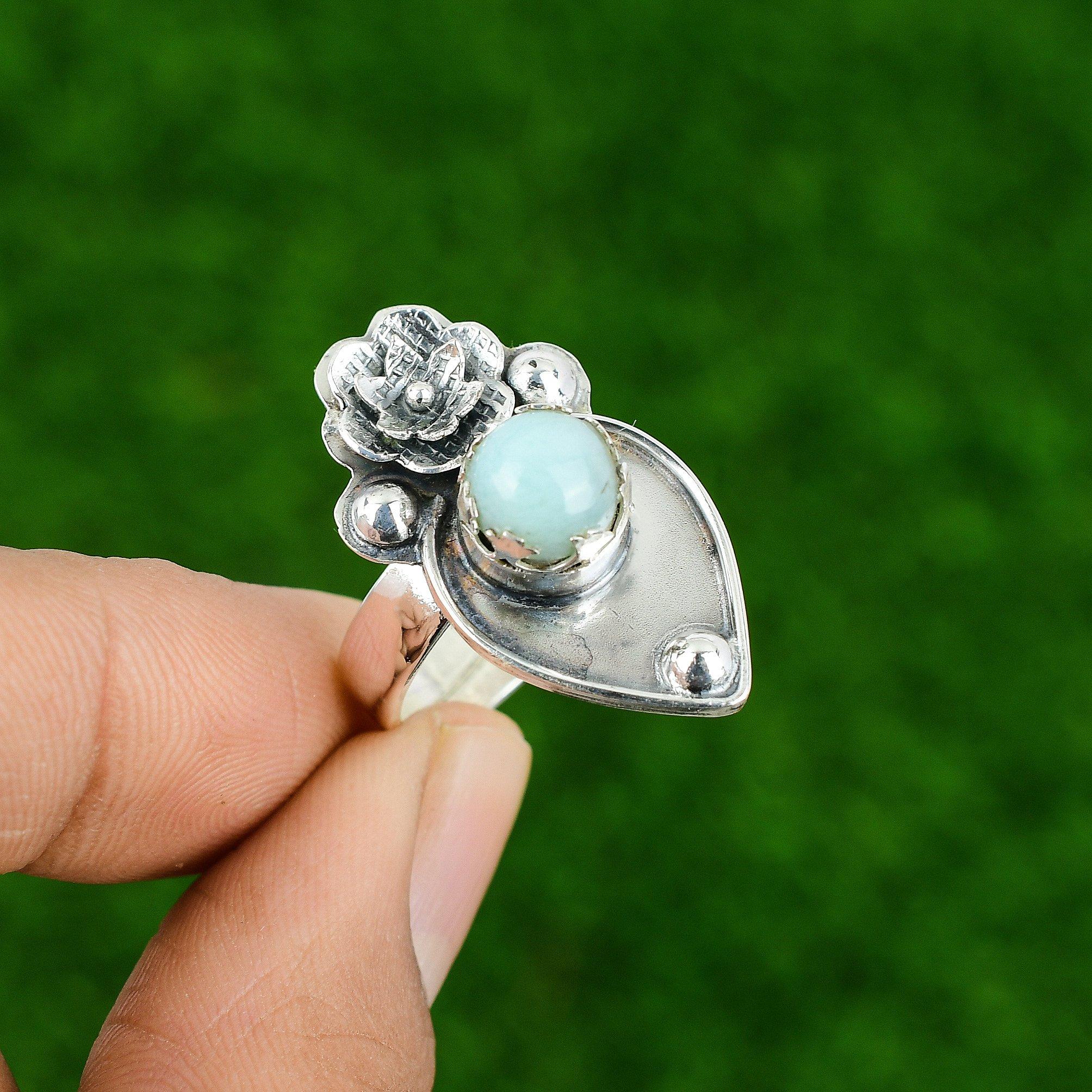 

Gift For Women Multi Stone Flower Adjustable Ring 925 Silver Natural Larimar Adjustable