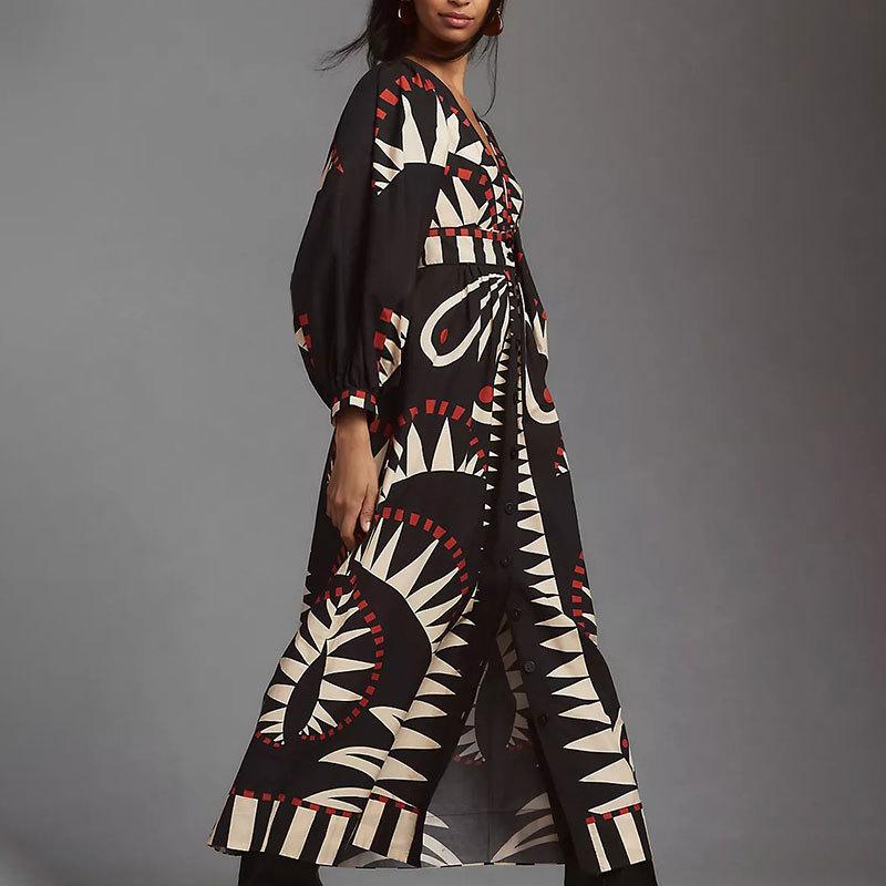 Black V-neck Printed Dresses Lantern Sleeve Lady High Waist Vintage Long Dress Classic Female Vocation Robes Outfits