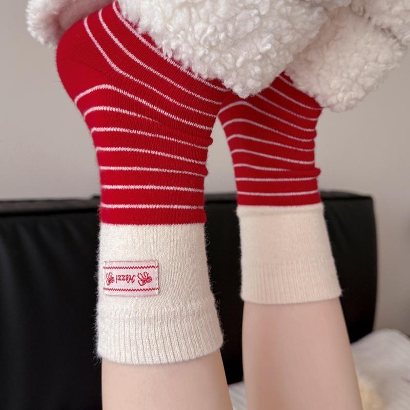 Große rote Wollsocken Kinder Verdickt Warm Kaschmir Accessoires Neujahr Frieden Und Geld Blume Stapelsocken