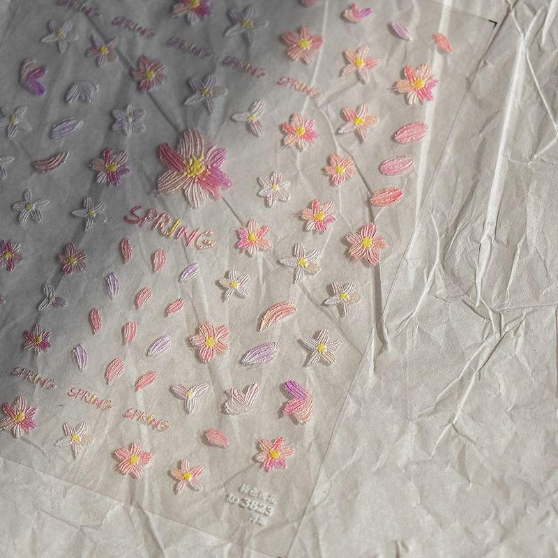 

Colorful Pink Cherry Blossom Nail Sticker Easiest for Match Romantic Light Wind Relief Hand Painted Nail Back Glue Ornament Embossed Sakura Sticker to3823