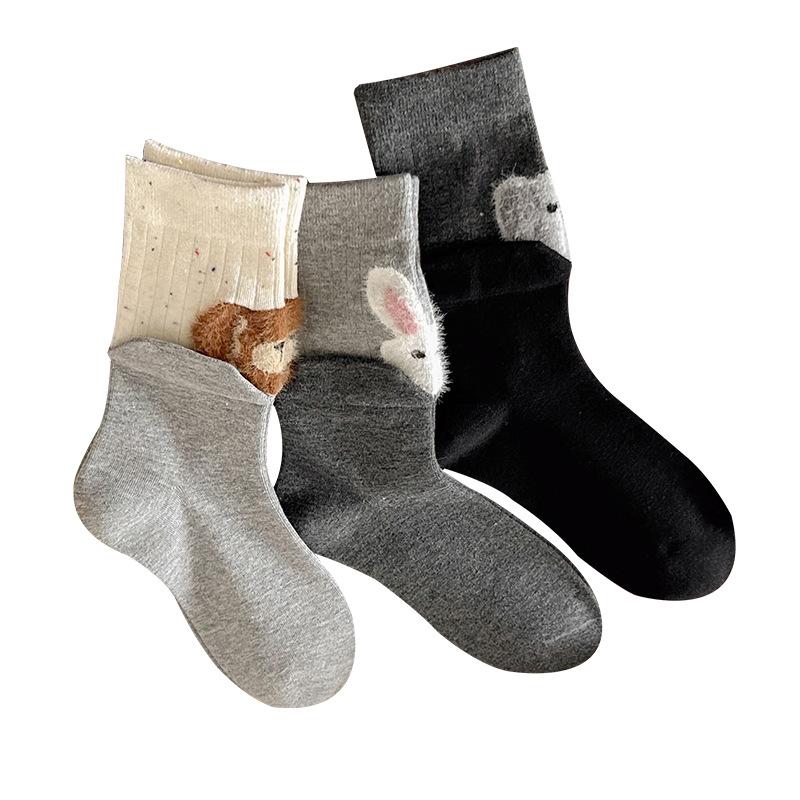 Female Spring and Autumn Lovely Animal Creative Double Color Matching Double Muzzle Design Tube Cotton Socks