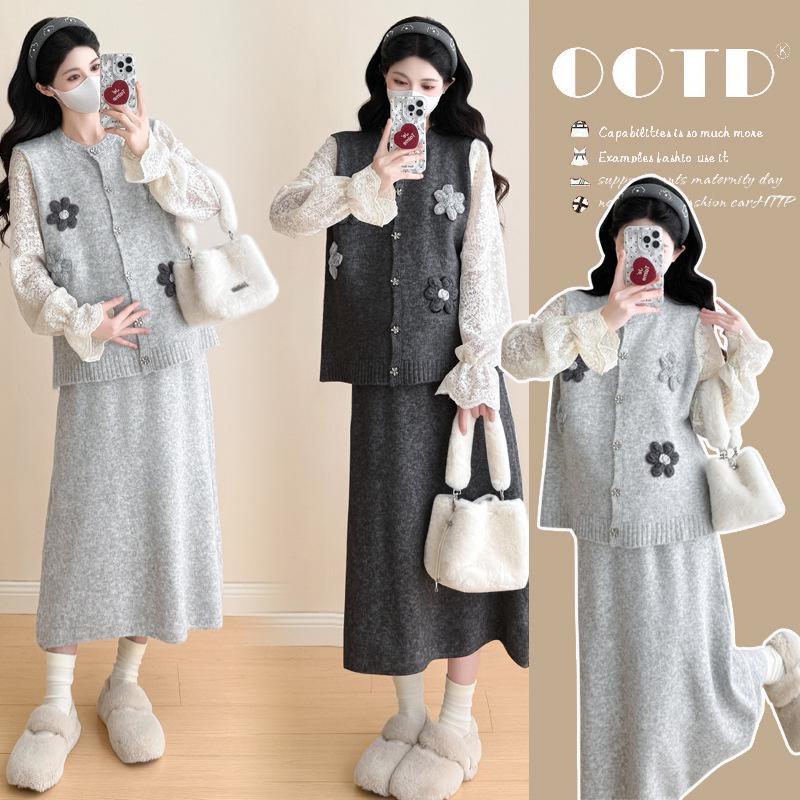 

Autumn/Winter 2025 Korean Maternity Floral Fashion Set: Age-Reducing Top & Adjustable Skirt M темно-серого