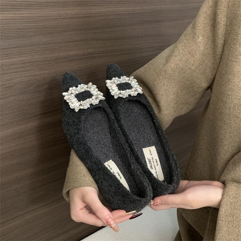 French Small Fragrant Woolen Single Shoes Women's 2025 New Rhinestone Square Buckle Flats Evening Shoes Fleece Low Heels