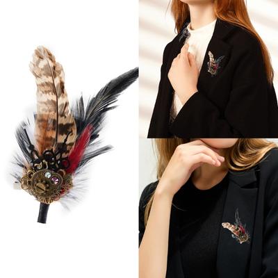 Vintage Brooch with Gear Steampunk Feather Brooch Pin Multiuse Badges Hairclip Decorative Barrettes PunkStyle Hat Pin