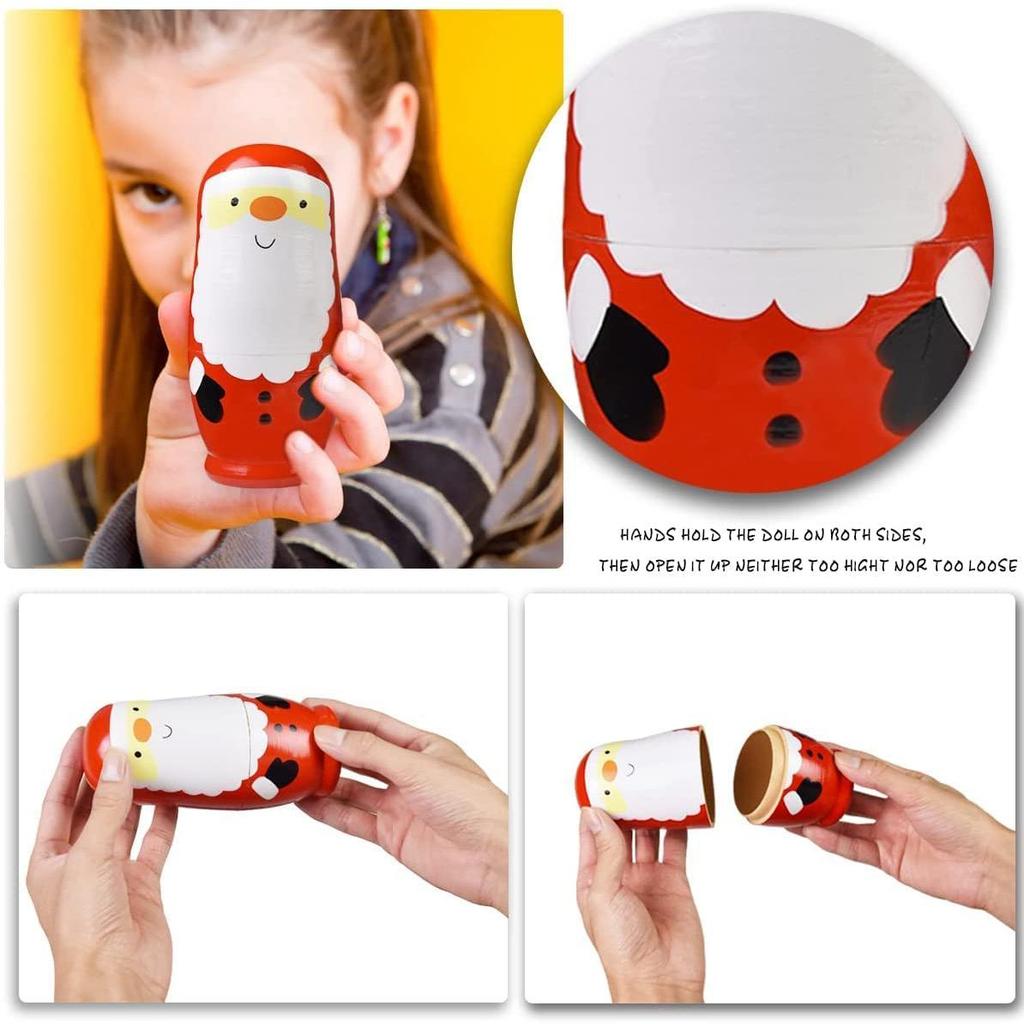 Muñecas Rusas Matrioshka de Navidad para Niños, Juego Anidado de Apilamiento de Madera, 6 Piezas Juguetes Hechos a Mano para Niños Regalo de Navidad Cumpleaños