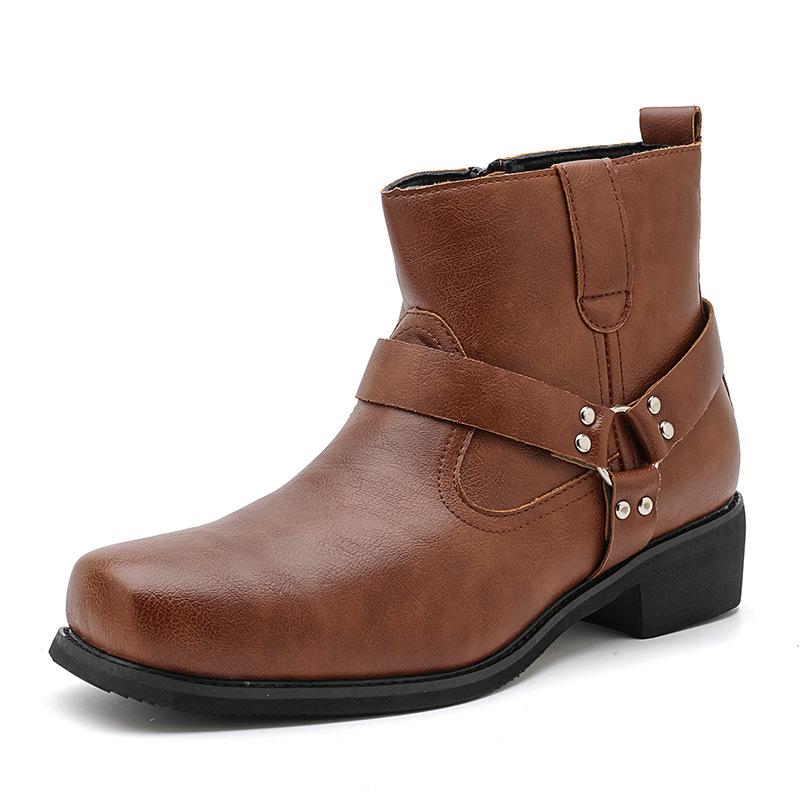 Herren Europäische & Amerikanische Leder Ritterstiefel - High-Top, Quadratische Spitze, Große Größe, Grenzüberschreitender Martin Stil, Größe 46 39 braun