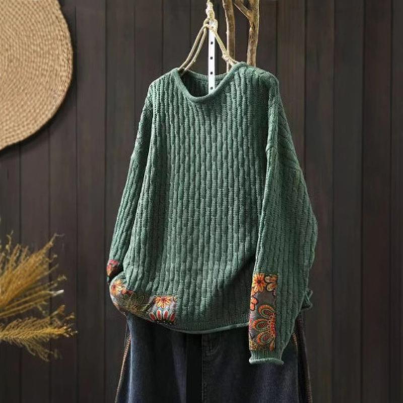 Winter Fall Fashion Vintage Sweater Women's O Neck Loose Casual Lazy Style Casual Pullover Flower Print Patchwork Knitwear