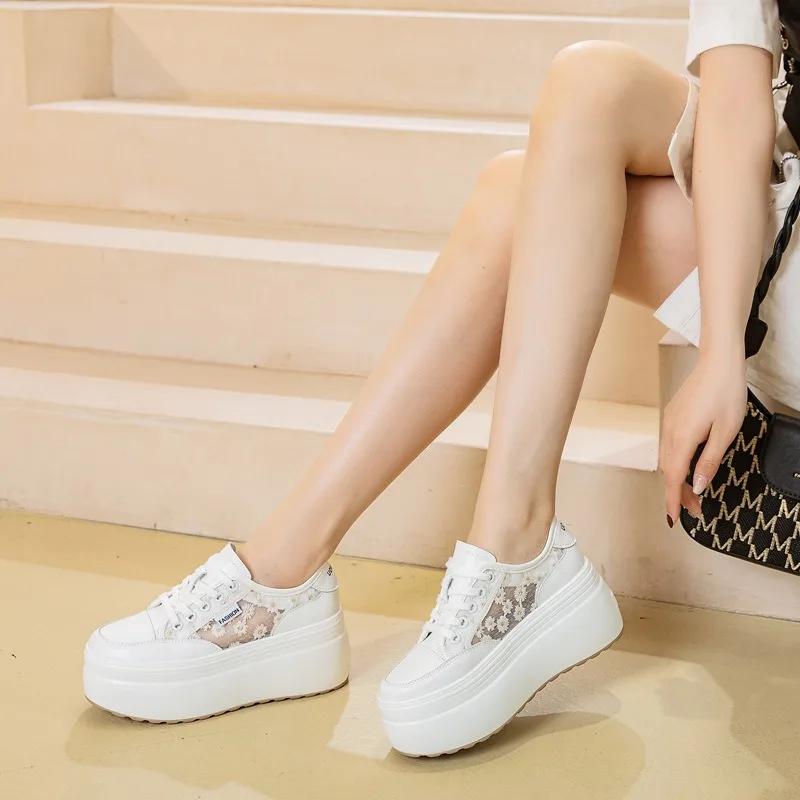 

Fashion Hot sale 8cm Air Mesh Genuine Leather Embroider Women Breathable Hollow Chunky Sneaker Platform Wedge Flats Shoes Summer Sandals 33 белый