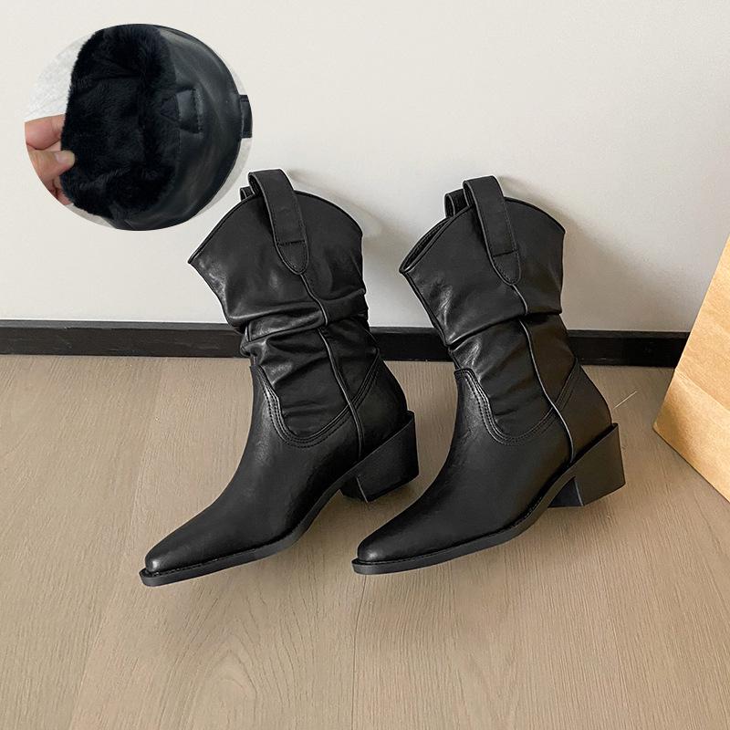 Stiefel im Scheunenstil, mittelhoch, Reitstiefel: Melaard Klobiger Absatz, Spitze Zehenpartie, Retro Slouchy Slip-On Stiefeletten