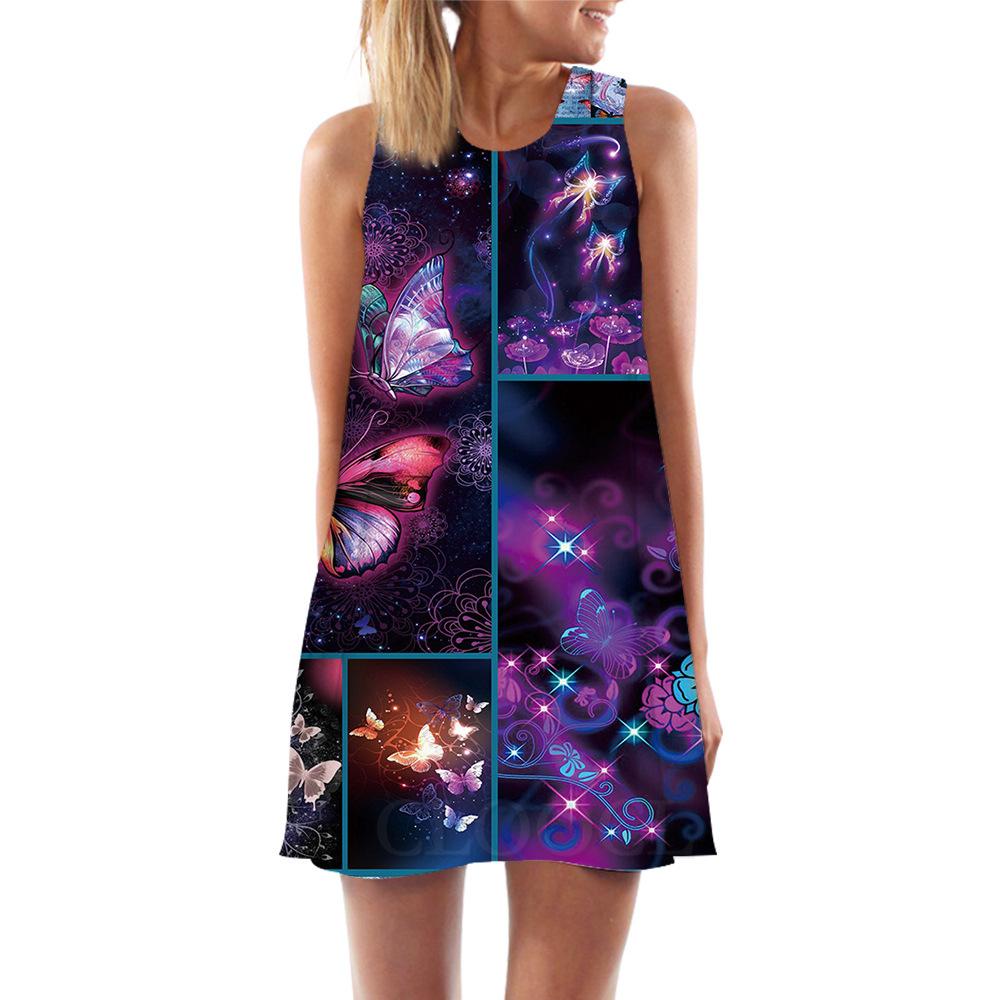 Fashion Butterfly Print Crew Neck Women s Off-Shoulder Vest Casual Dresses S