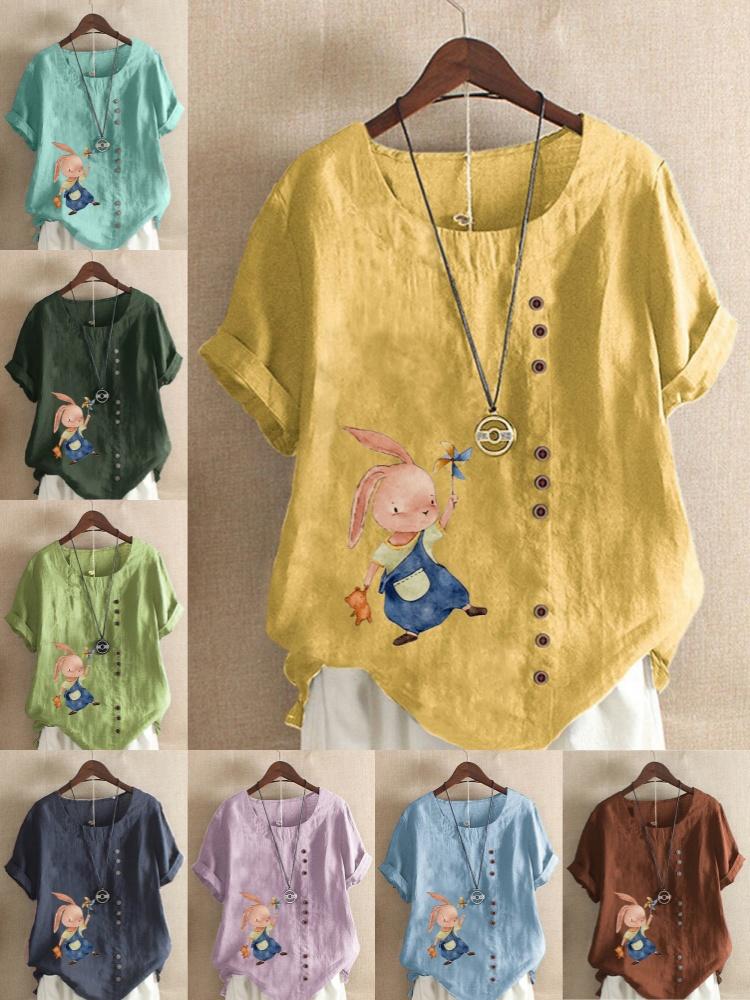 Women's Fashion Fashionable Rabbit Print Shot Sleeve T-shirt Loose Cotton Shirt Casual Loose Summer Blouse Tops Plus Size