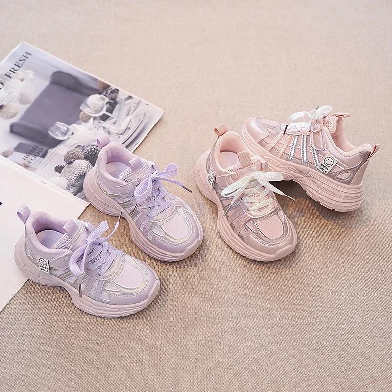 Girls Sneakers Mesh Breathable Kids Sports Shoes Non-slip Soft Sole 2025 New Fashion Children Running Shoes Thick Sole Trendy