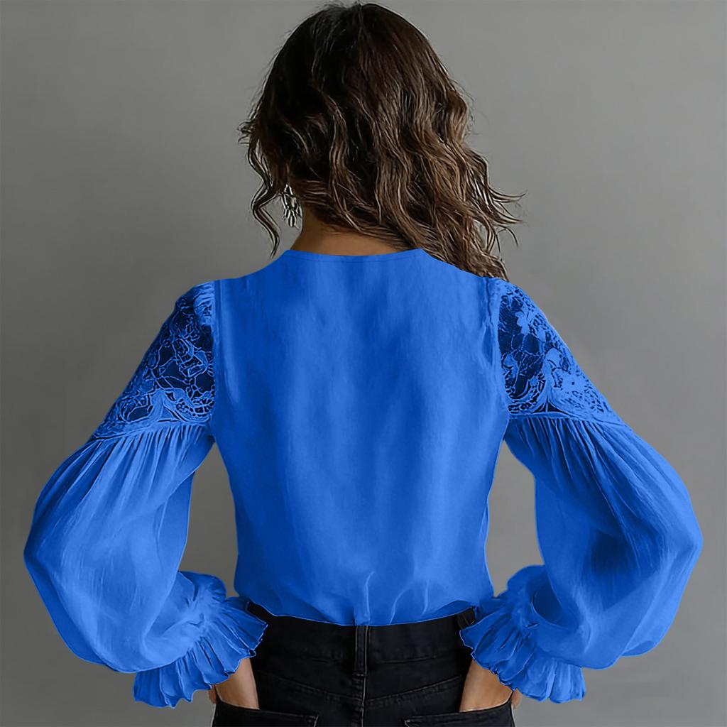 Damen Casual Bluse mit Spitzenbesatz, Puffärmeln und Falten für den Alltag